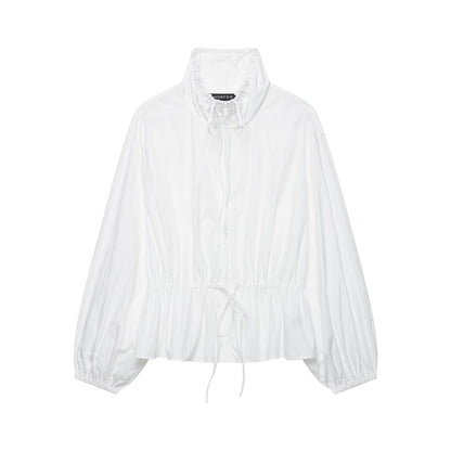 Women's lightweight cropped windbreaker with drawstring waist and high stand-up collar EVA-US