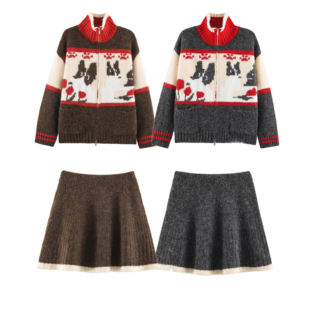 Women's Knit Two-Piece with Zipper Jacket and Flared Wool Blend Skirt EVA-US