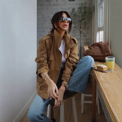 Ladies Lightweight Cotton Field Coat with Stand-up Collar, Shoulder Straps & Applied Flap Pockets EVA-US