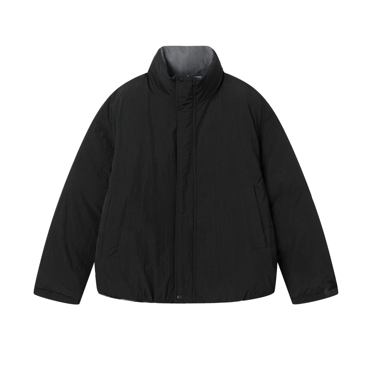 Unisex Reversible Puffer Jacket Short with High Stand-Up Collar and Concealed Closure EVA-US