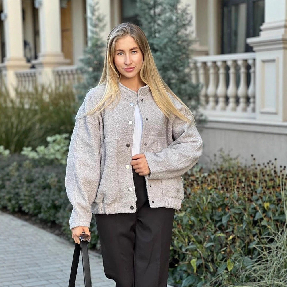 Women's teddy fleece bomber jacket in boxy cut with snap button closure and patch pockets EVA-US