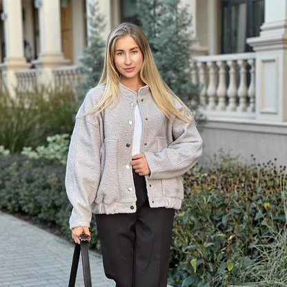 Women's teddy fleece bomber jacket in boxy cut with snap button closure and patch pockets EVA-US