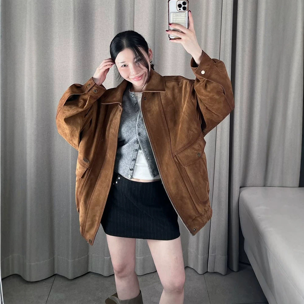 Women's Oversized Suede Bomber Jacket with Elastic Hem EVA-US