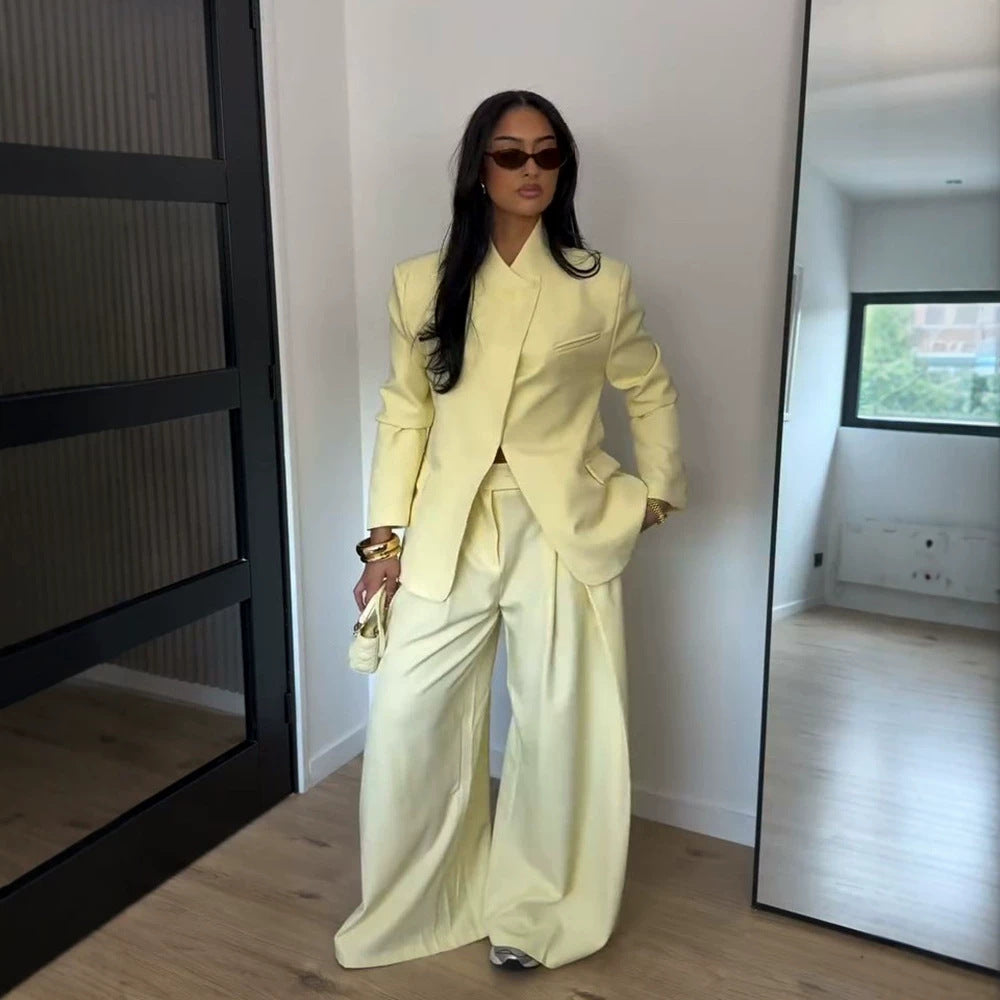 Women Two-Piece Oversized Blazer with Stand Collar and Wide Pleat Trousers EVA-US