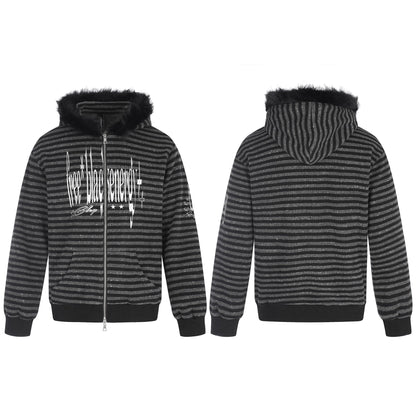 Unisex hoodie zip jacket with faux fur trim, striped pattern and front print EVA-US