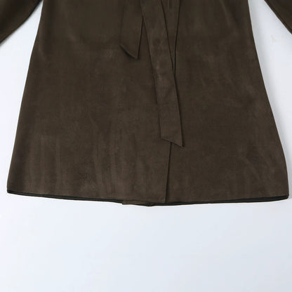 Women long cut trench coat made of suede look with tie belt EVA-US