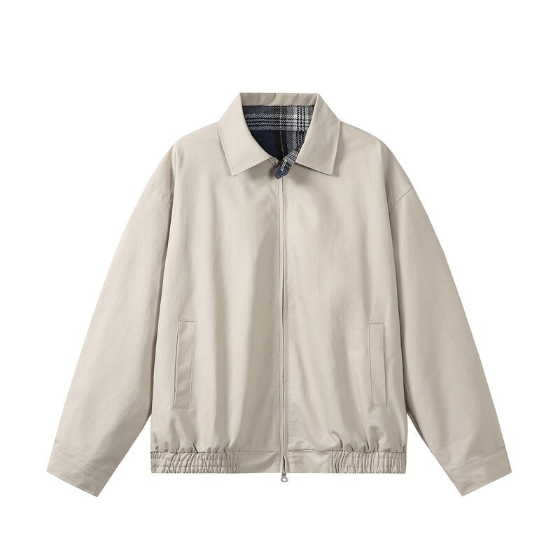 Unisex Short-Cut Boxy Blouson Jacket with Checked Stand Collar, Elastic Hem, and Two-Way Zipper EVA-US