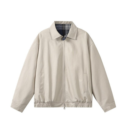 Unisex Short-Cut Boxy Blouson Jacket with Checked Stand Collar, Elastic Hem, and Two-Way Zipper EVA-US
