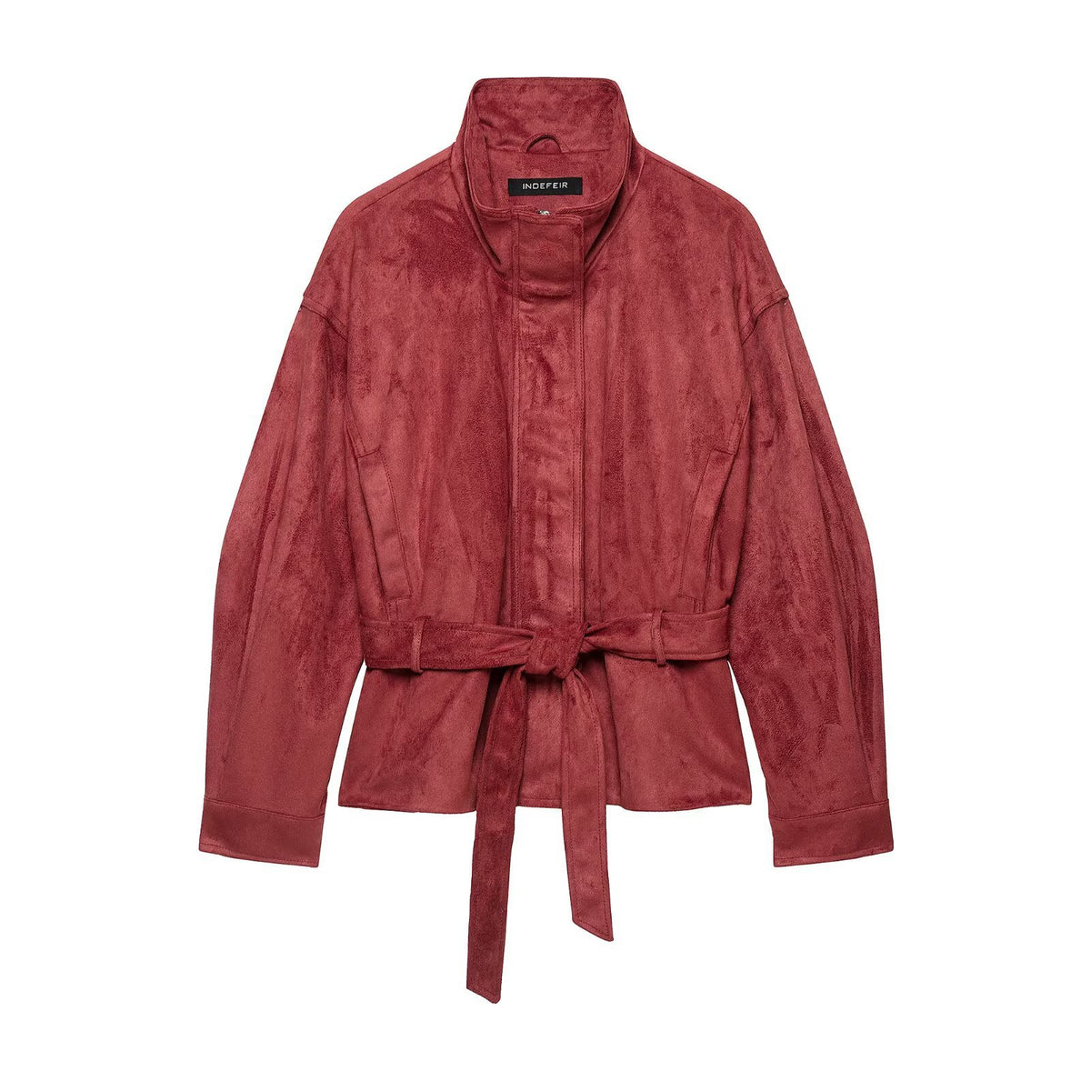 Women's kimono-inspired velour jacket with tie belt and high stand-up collar EVA-US