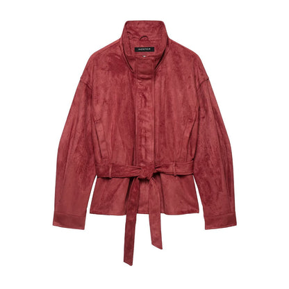 Women's kimono-inspired velour jacket with tie belt and high stand-up collar EVA-US