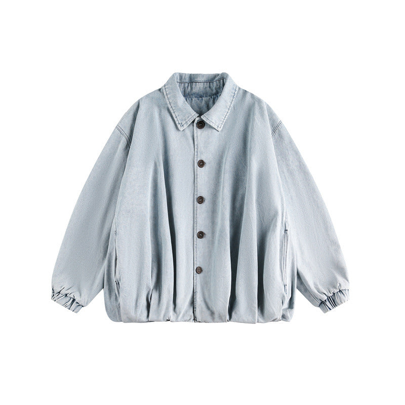 Unisex Lightweight Oversized Denim Jacket with Shirt Collar, Elastic Hem and Raglan Sleeves EVA-US