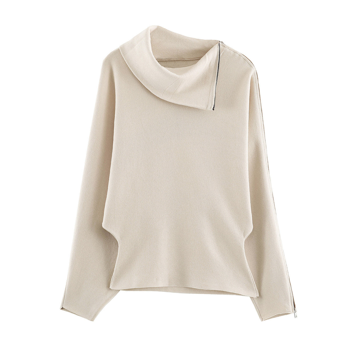 Women's Asymmetrical Fine Knit Sweater with Shawl Collar, Shoulder Zipper and Zipper Sleeves EVA-US