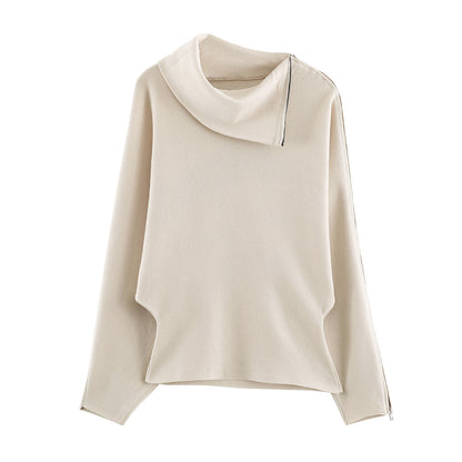 Women's Asymmetrical Fine Knit Sweater with Shawl Collar, Shoulder Zipper and Zipper Sleeves EVA-US