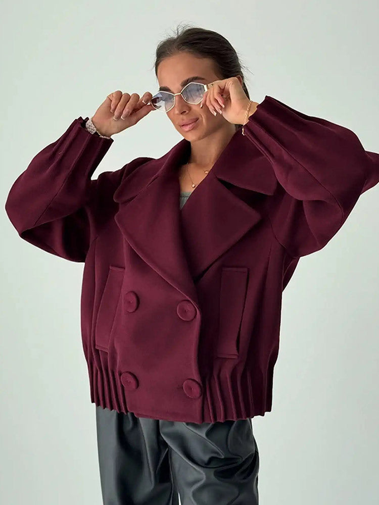 Women's Short Boxy Wool Coat with Oversized Shawl Collar, Double Button Placket and Ribbed Cuff EVA-US