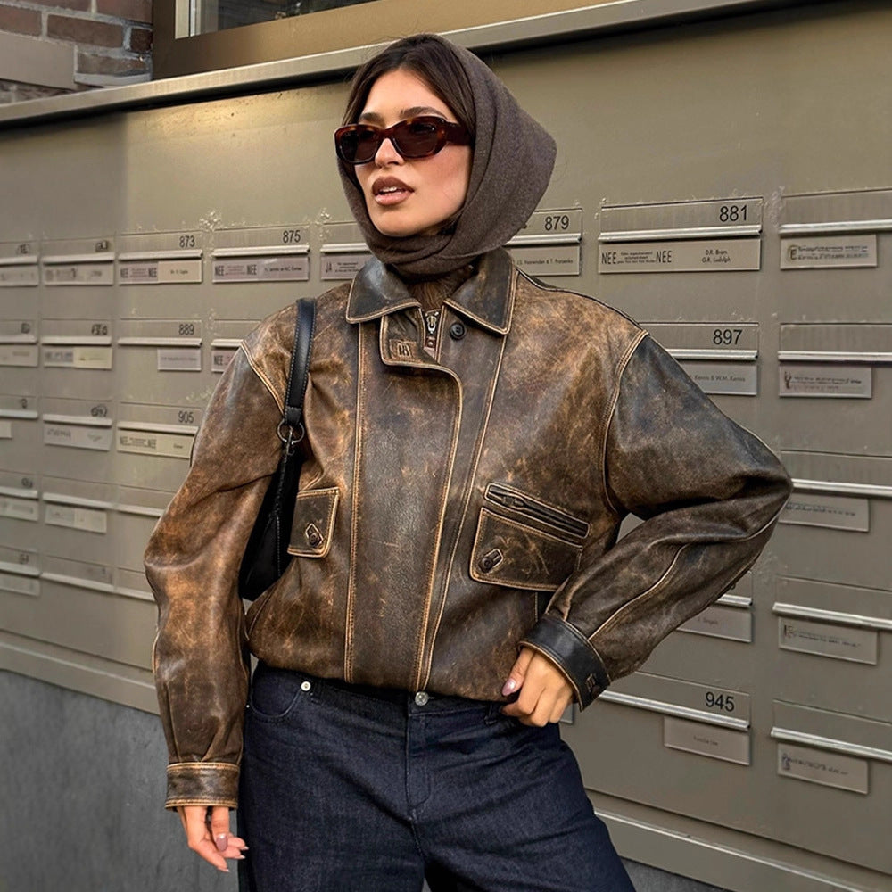Women Vintage-Inspired Oversize Leather Bomber Jacket with Used Look EVA-US