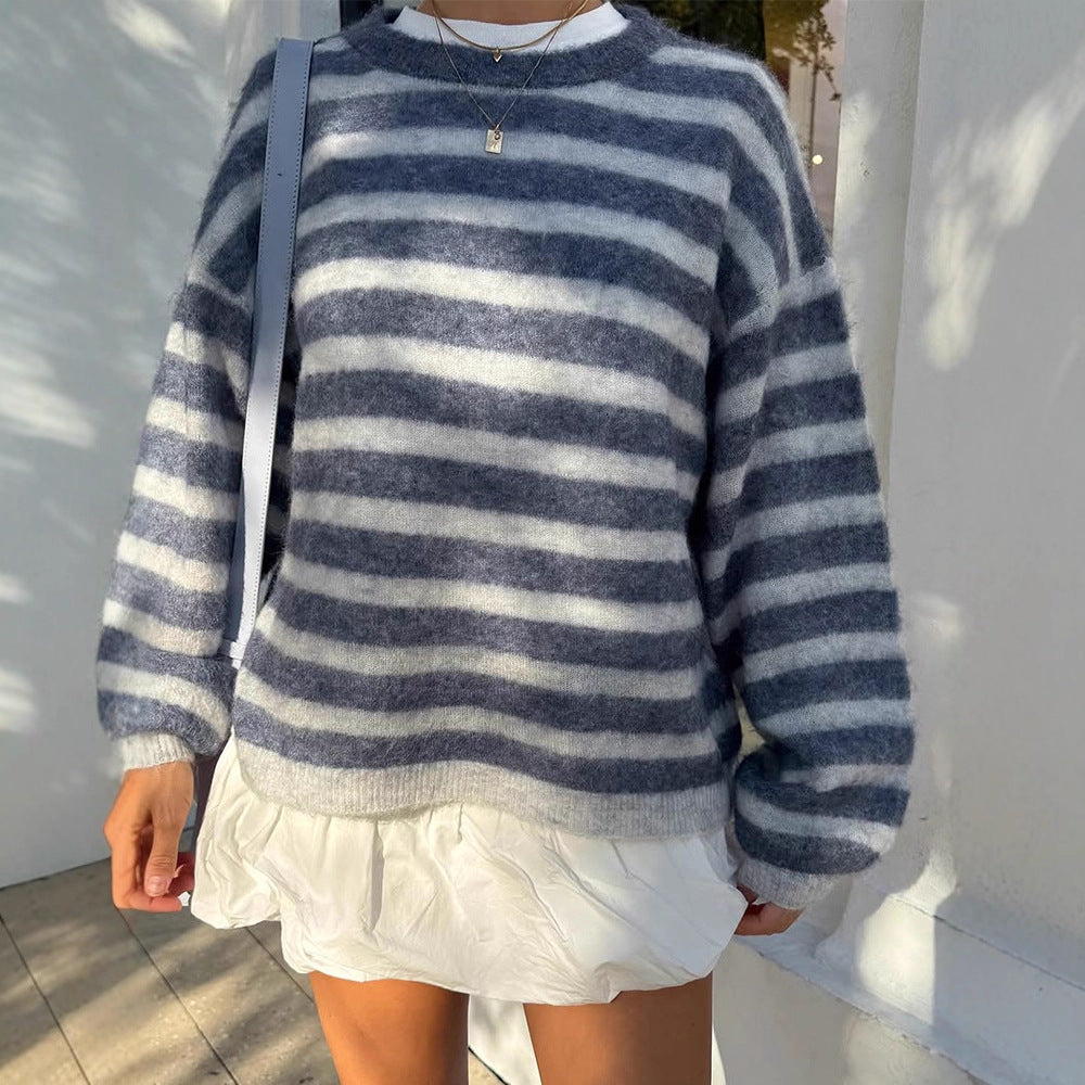 Women Striped Mohair Mix Oversize Sweater with Balloon Sleeves EVA-US