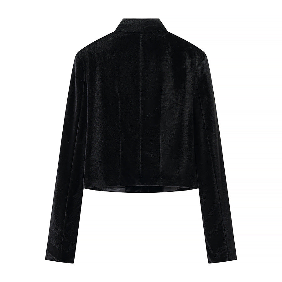 Women's Cropped Jacket in Mandarin Style with Stand Collar and Decorative Knot Closures EVA-US