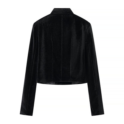 Women's Cropped Jacket in Mandarin Style with Stand Collar and Decorative Knot Closures EVA-US