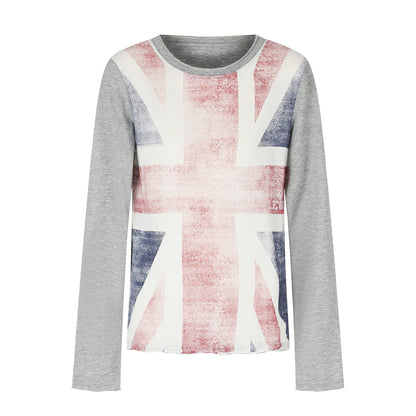 Women’s Crew Neck Long Sleeve made of Cotton Blend with Vintage Union Jack Print and Contrast Sleeves EVA-US