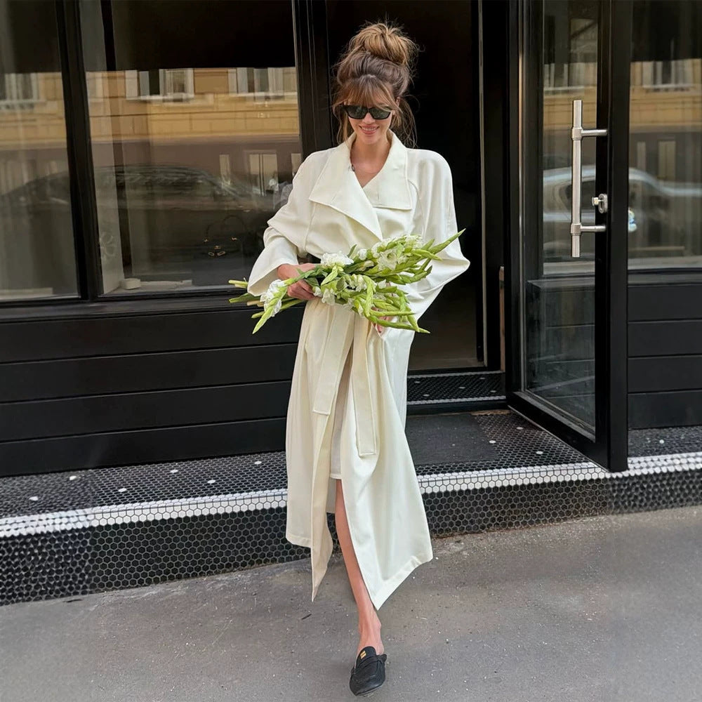 Women’s Maxi Length Wrap Coat made of Flowing Material with Wide Shawl Collar EVA-US