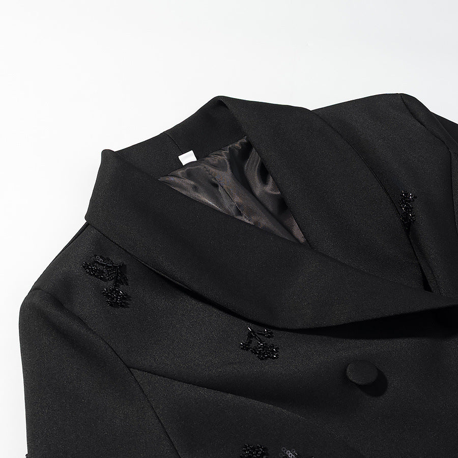 Women's Double-Breasted Blazer with Sequin Flowers and Shawl Collar EVA-US