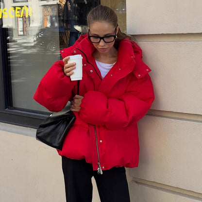 Women Short Cut Quilted Winter Jacket with High Collar Hood and Padded Thermal Lining EVA-US