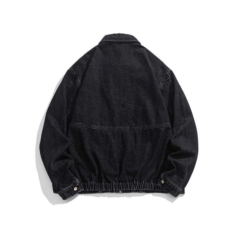 Unisex Short Cut Denim Worker Jacket with Continuous Zipper and Boxy Silhouette EVA-US