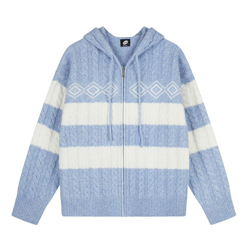Women's chunky knit hooded cardigan with cable knit, block stripes, and full-length zipper EVA-US