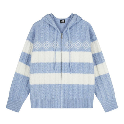 Women's chunky knit hooded cardigan with cable knit, block stripes, and full-length zipper EVA-US