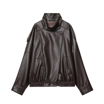Ladies short-cut faux leather pilot jacket with high stand-up collar and shoulder straps EVA-US