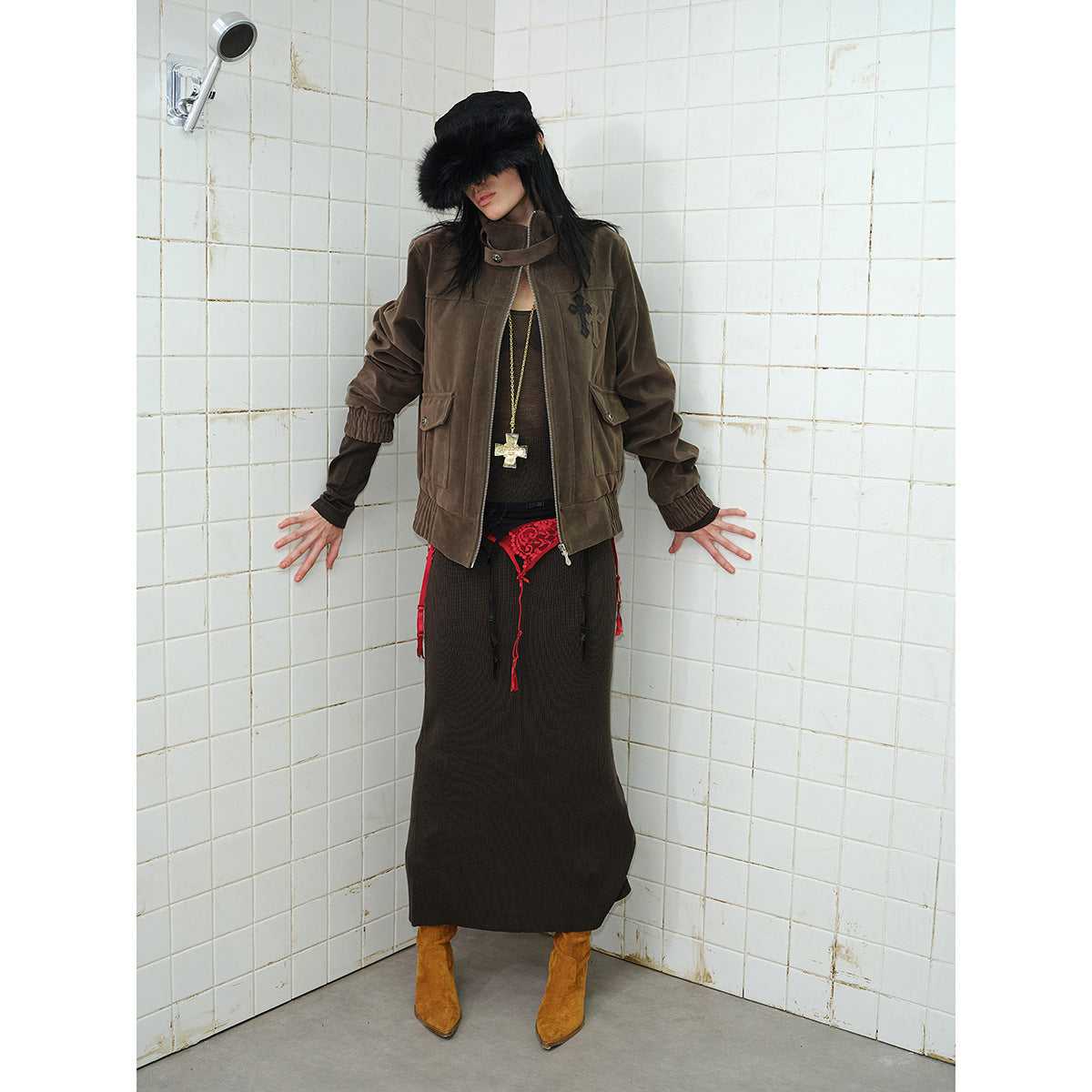Men's short cut velour blouson jacket with funnel collar, patch pockets, and decorative cross application EVA-US