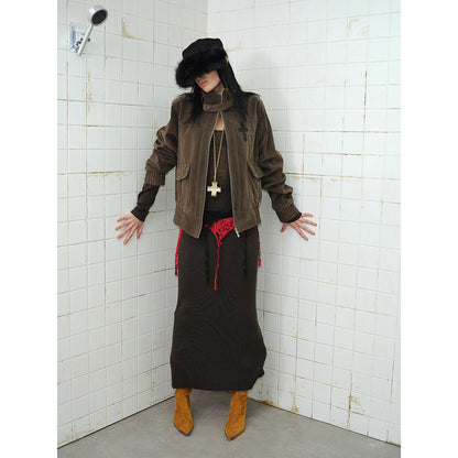 Men's short cut velour blouson jacket with funnel collar, patch pockets, and decorative cross application EVA-US