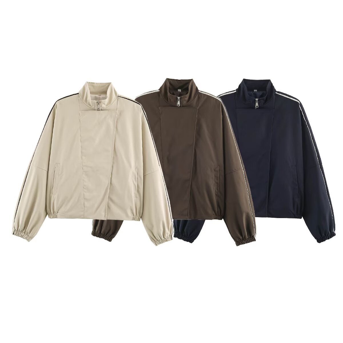 Women's Oversize Bomber Jacket in Blouson Style with High Stand-Up Collar, Concealed Zipper and Contrast Piping EVA-US