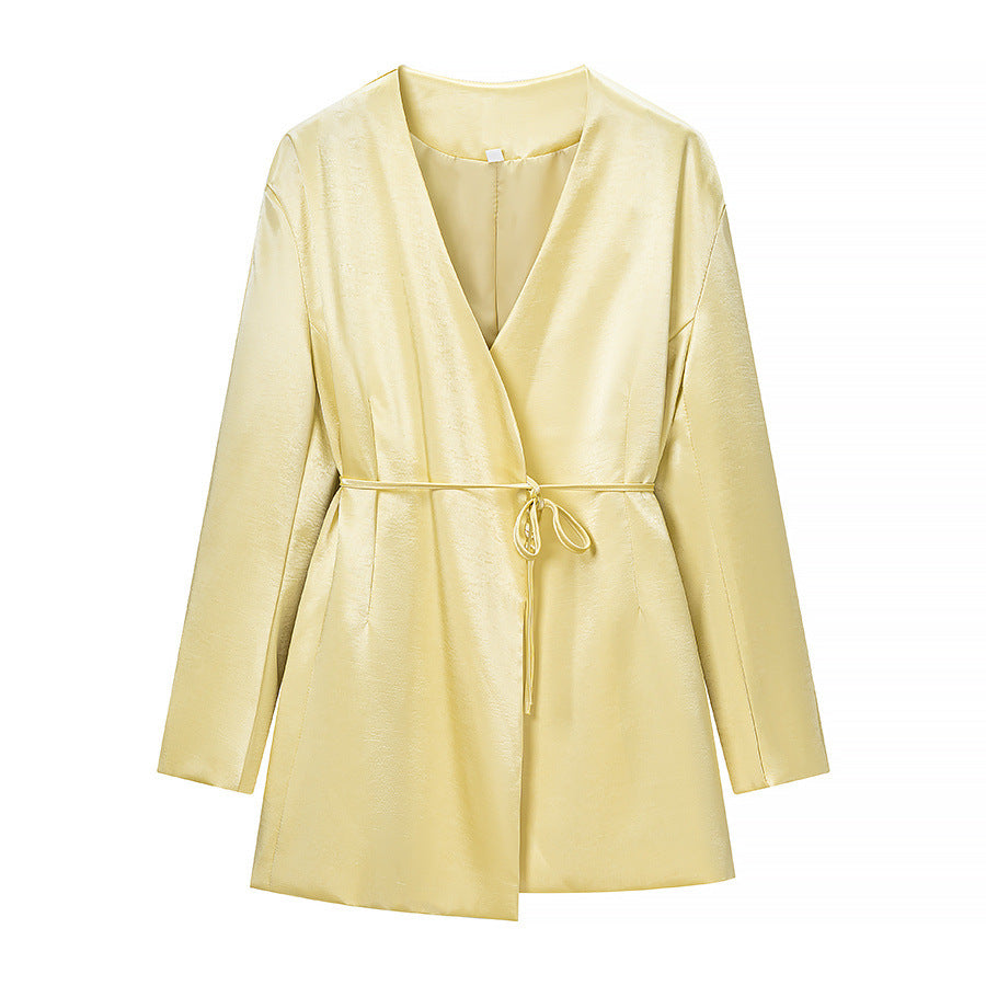 Ladies Two-Piece Satin Ensemble with Wrap Blazer and Wide Pleated Trousers EVA-US