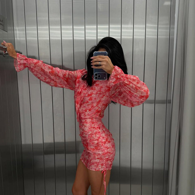 Women's Floral Chiffon Mini Dress with Bow Collar, Sheer Volume Sleeves and Side Gathering EVA-US