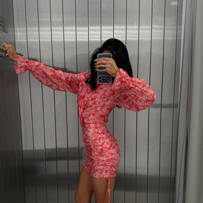 Women's Floral Chiffon Mini Dress with Bow Collar, Sheer Volume Sleeves and Side Gathering EVA-US