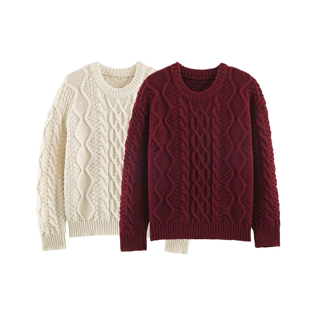 Women's chunky braided knit sweater with round neck and texture mix EVA-US