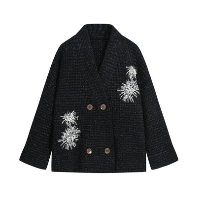 Women Chunky Knit Double-Breasted Cardigan Coat with Shawl Collar and Pearl Sequin Application EVA-US