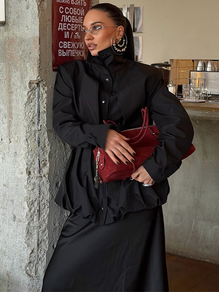 Women's sculptural boxy jacket with high stand-up collar and gathered volume waistband EVA-US