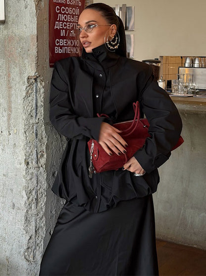 Women's sculptural boxy jacket with high stand-up collar and gathered volume waistband EVA-US