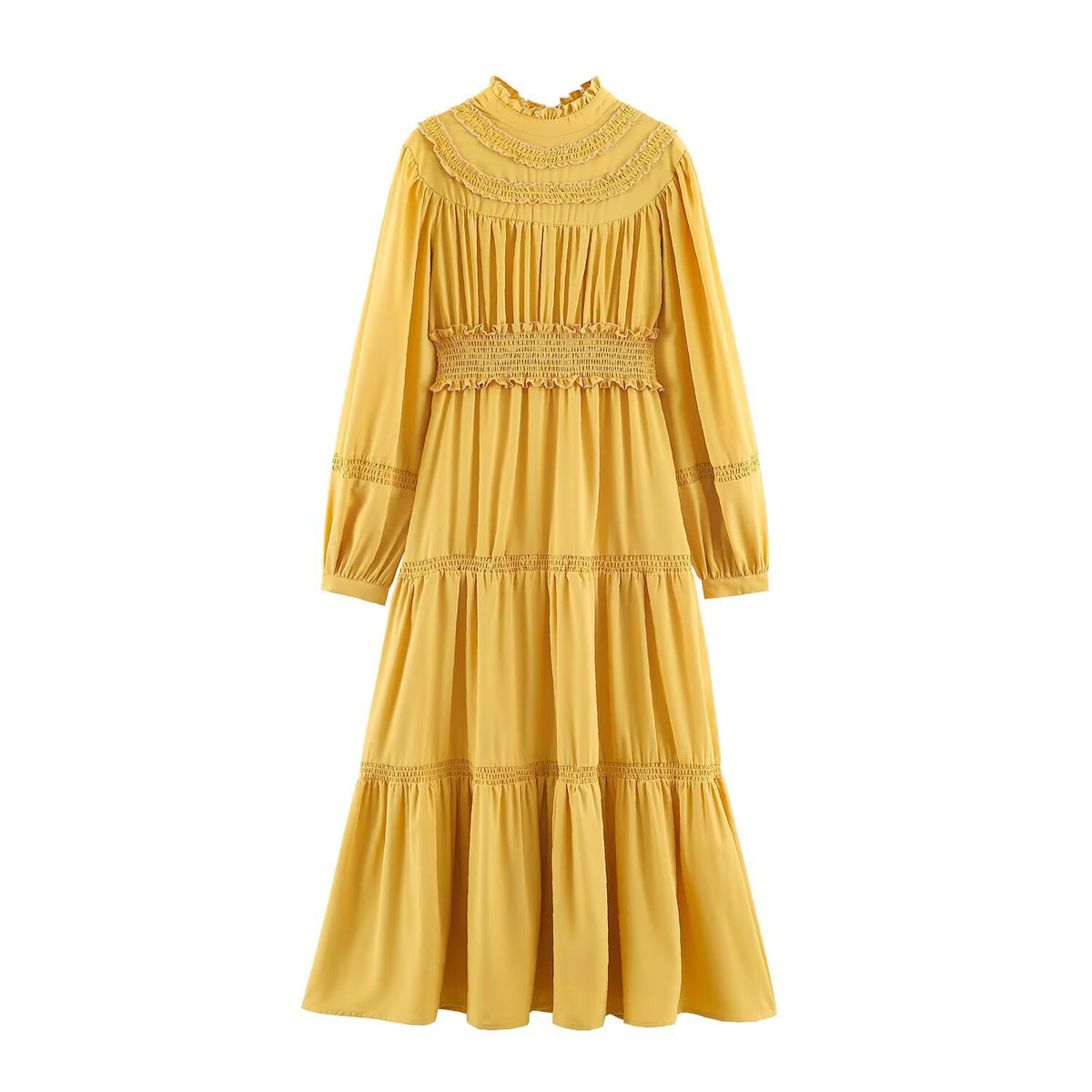 Women’s Ruffle Midi Dress with High Stand Collar, Tiered Skirt and Waist Smocking