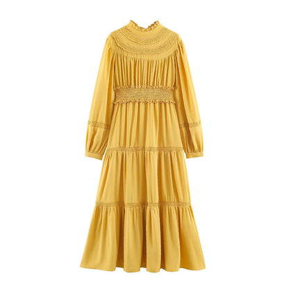 Women’s Ruffle Midi Dress with High Stand Collar, Tiered Skirt and Waist Smocking