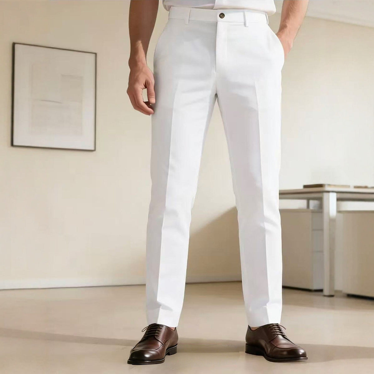 Men's narrow-cut business pants with crease, flat waistband, and stretch comfort EVA-US