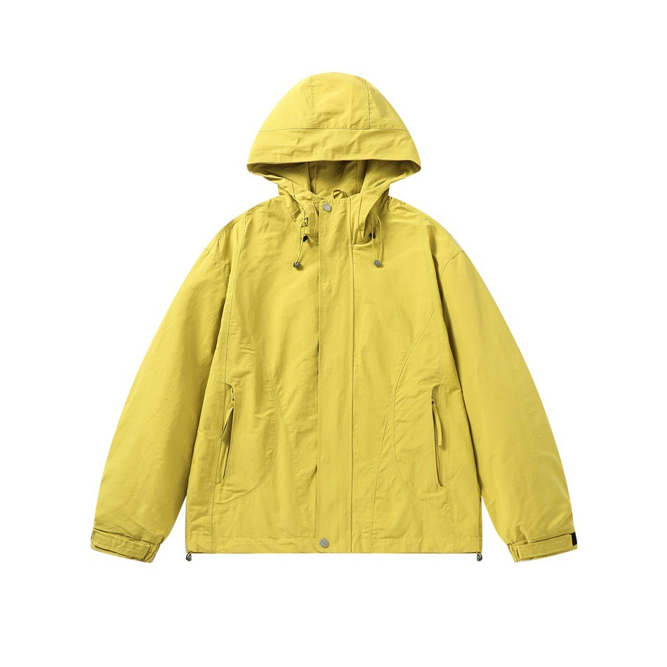 Unisex Light windproof hooded jacket in boxy cut with drawstring and concealed front EVA-US