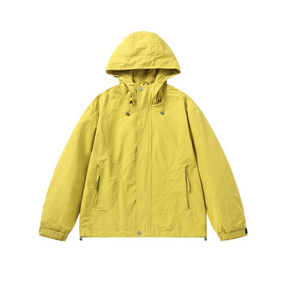 Unisex Light windproof hooded jacket in boxy cut with drawstring and concealed front EVA-US