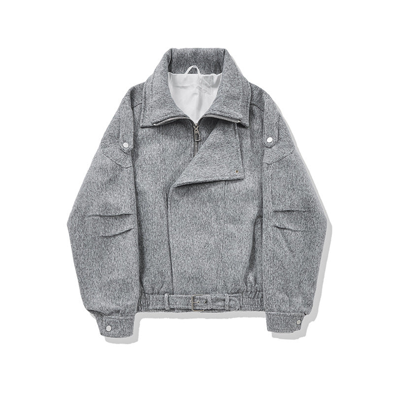 Ladies short cut wool blend biker jacket with asymmetric front and waist belt EVA-US