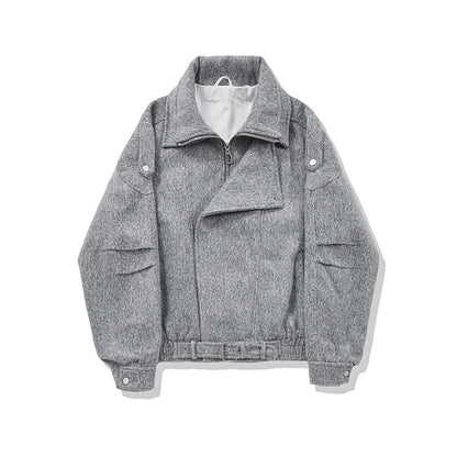 Ladies short cut wool blend biker jacket with asymmetric front and waist belt EVA-US