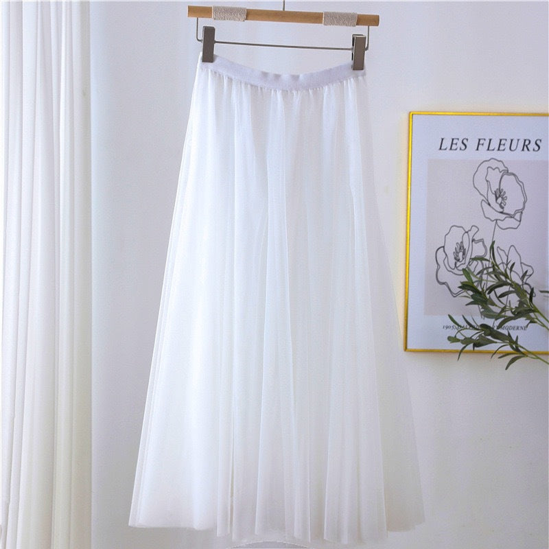 Women Tulle Skirt Layered Floor-Length A-Line Elastic Waistband