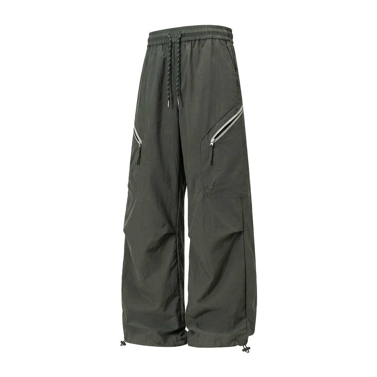 Unisex Wide Outdoor Cargo Pants with Drawstring Waist, Angled Zipper Pockets, and Adjustable Leg Opening EVA-US