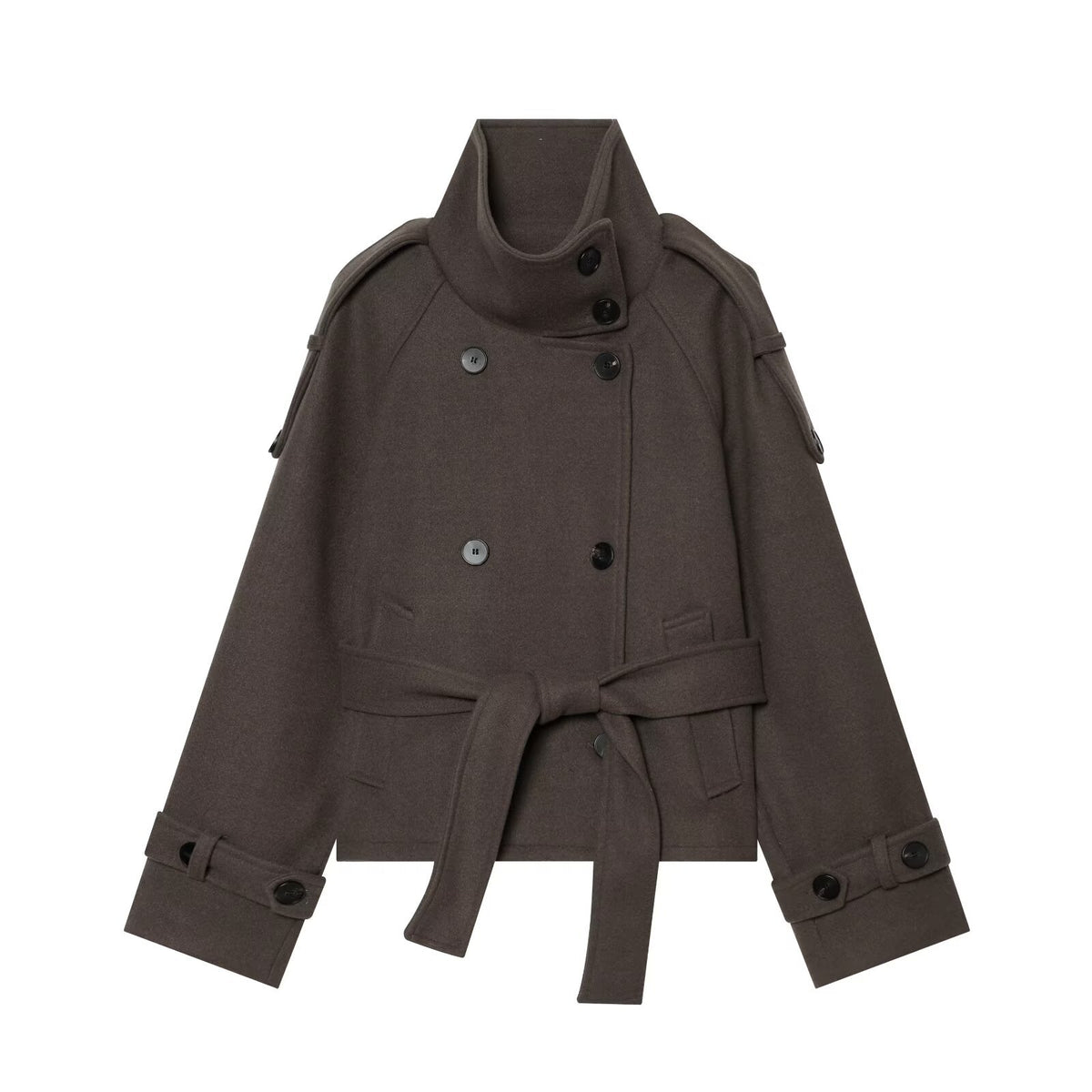 Ladies short cape jacket made of wool blend with high standing collar, double-breasted and tie belt EVA-US